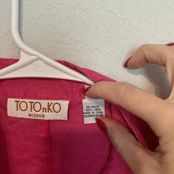 TOTOnKO Womens Size 1X 100% Linen Button Front Blouse Tunic Airy V Neck Hot Pink - Picture 5 of 6